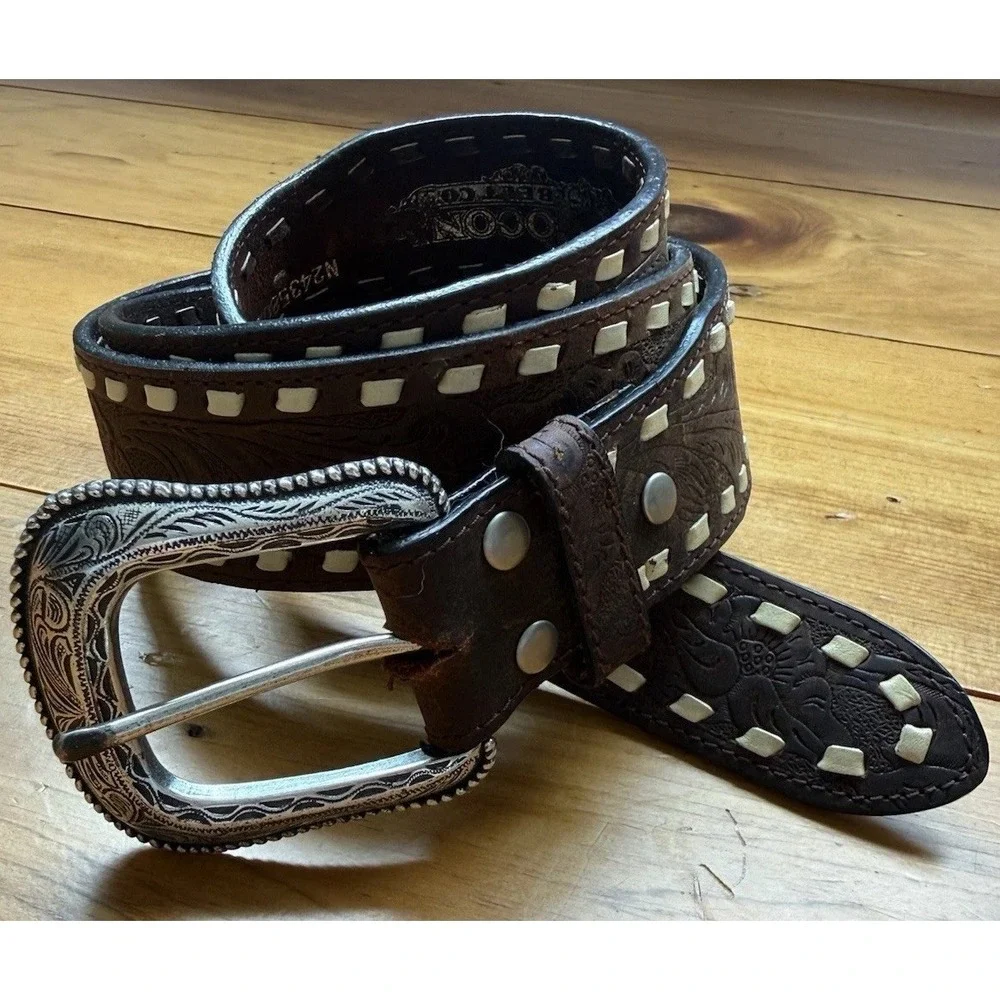 Nocona Western Men's 40 Belt Leather Tooled Tapered Contrast Laced Floral Brown